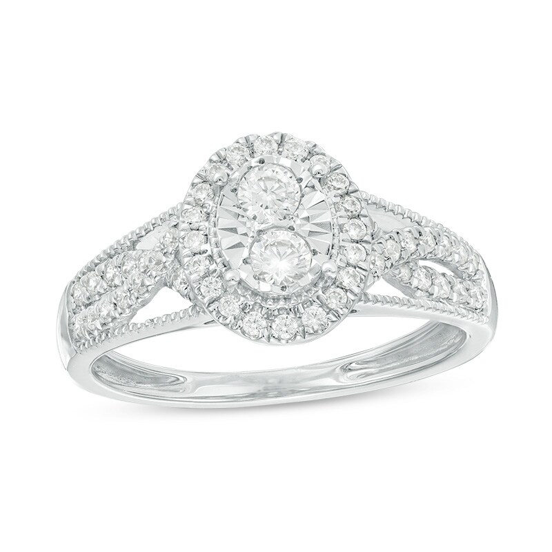 Main Image 1 of Previously Owned - 1/2 CT. T.W. Diamond Oval Frame Twist Vintage-Style Engagement Ring in 14K White Gold