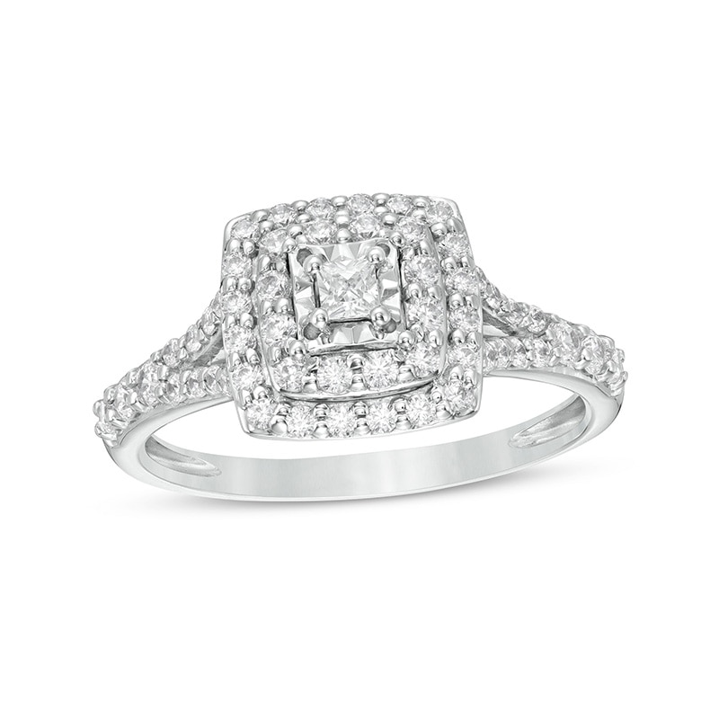 Main Image 1 of Previously Owned - 1/2 CT. T.W. Princess-Cut Diamond Double Frame Split Shank Engagement Ring in 10K White Gold