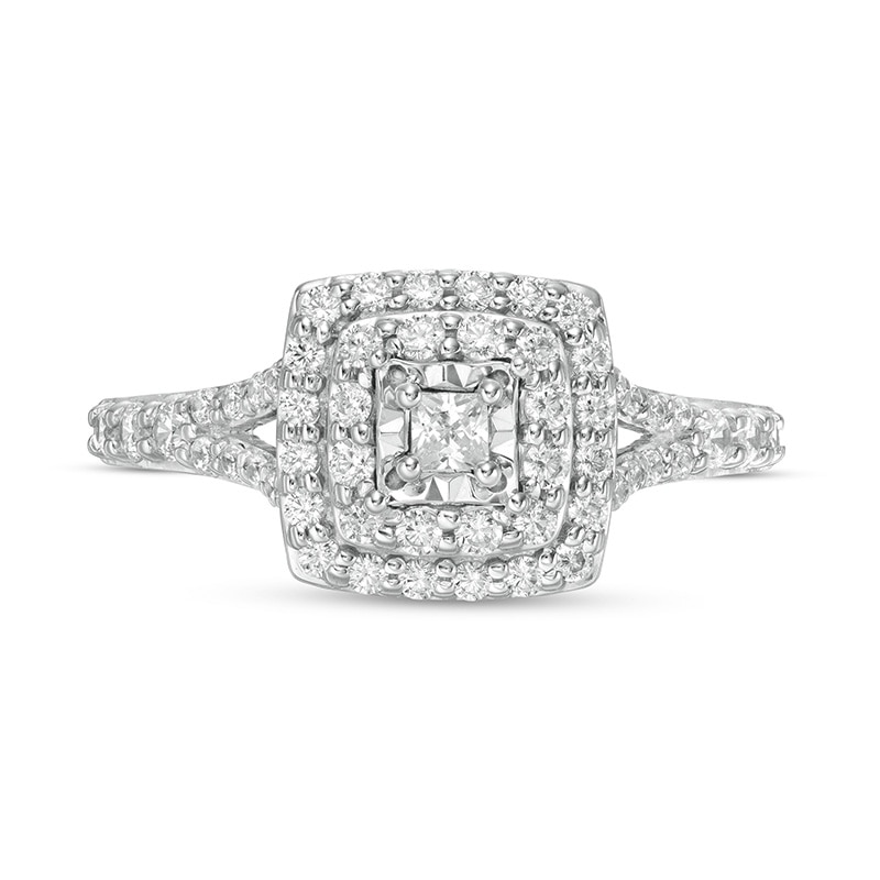 Main Image 4 of Previously Owned - 1/2 CT. T.W. Princess-Cut Diamond Double Frame Split Shank Engagement Ring in 10K White Gold