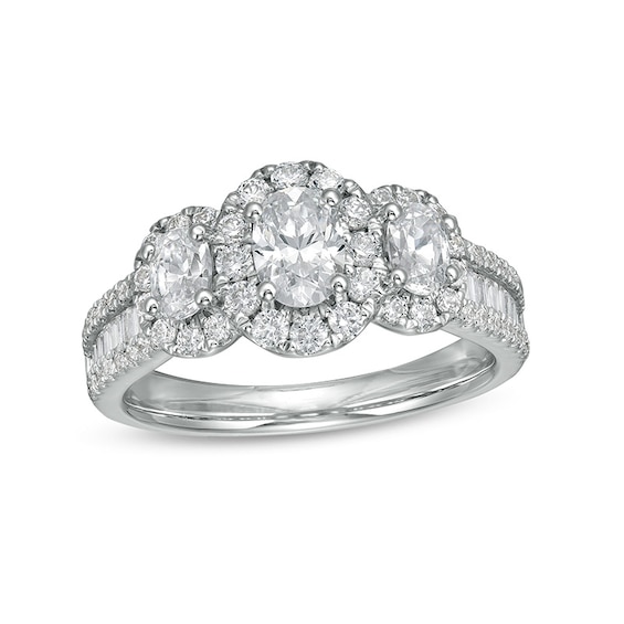 Previously Owned - 1-1/2 CT. T.w. Oval Diamond Frame Past Present FutureÂ® Engagement Ring in 14K White Gold