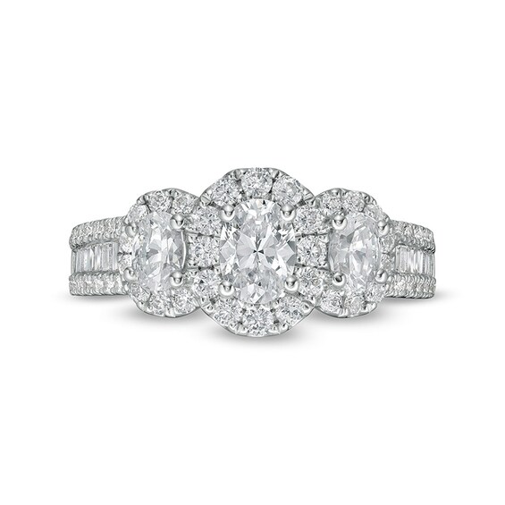 Previously Owned - 1-1/2 CT. T.w. Oval Diamond Frame Past Present FutureÂ® Engagement Ring in 14K White Gold