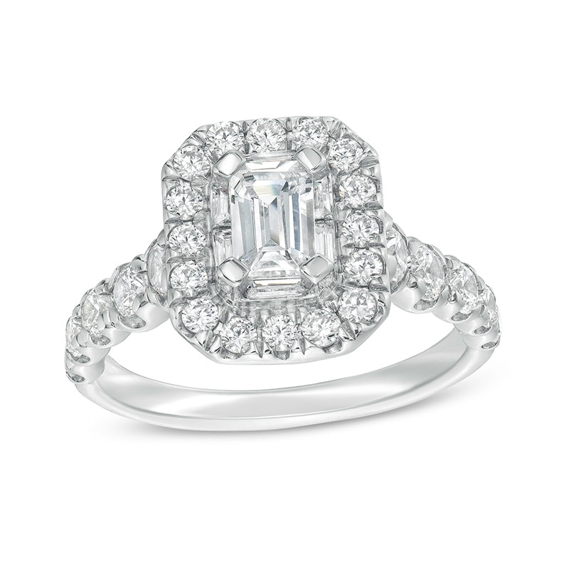 Main Image 1 of Previously Owned - 2 CT. T.W. Emerald-Cut Diamond Octagonal Frame Engagement Ring in 14K White Gold (I/SI2)