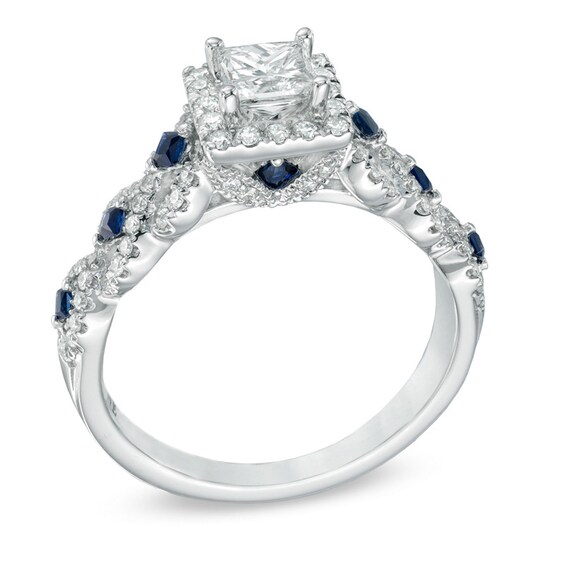 Previously Owned Vera Wang Love Collection 1 CT. T.w. Diamond and Blue Sapphire Engagement Ring in 14K White Gold