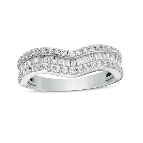 Previously Owned 3/4 CT. T.w. Baguette and Round Diamond Contour Triple Row Anniversary Band in 14K White Gold