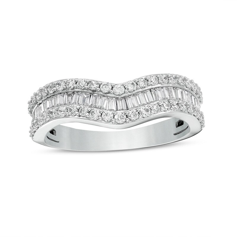 Main Image 1 of Previously Owned 3/4 CT. T.W. Baguette and Round Diamond Contour Triple Row Anniversary Band in 14K White Gold