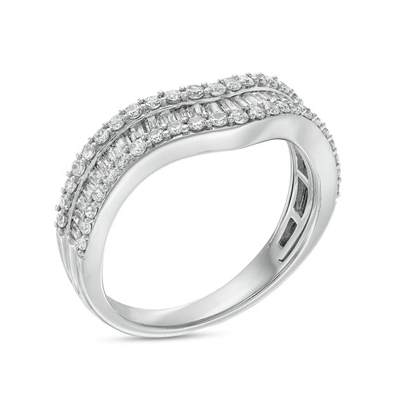 Previously Owned 3/4 CT. T.w. Baguette and Round Diamond Contour Triple Row Anniversary Band in 14K White Gold