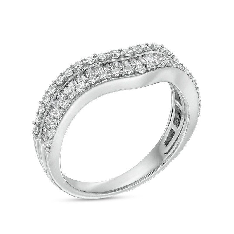Main Image 3 of Previously Owned 3/4 CT. T.W. Baguette and Round Diamond Contour Triple Row Anniversary Band in 14K White Gold