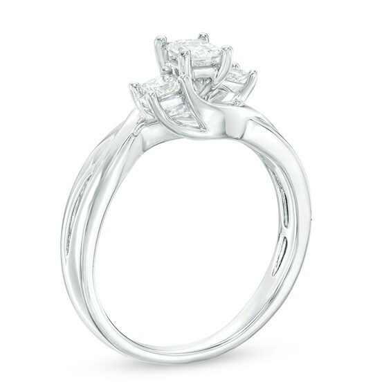 Previously Owned 1/2 CT. T.w. Princess-Cut Diamond Three Stone Swirl Engagement Ring in 14K White Gold