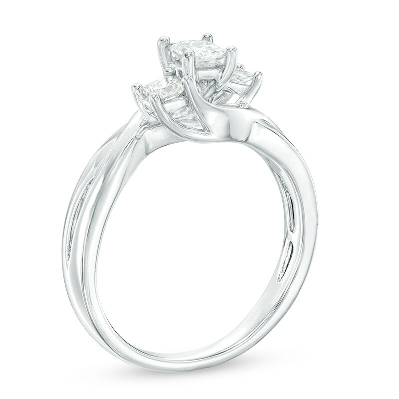 Main Image 2 of Previously Owned 1/2 CT. T.W. Princess-Cut Diamond Three Stone Swirl Engagement Ring in 14K White Gold