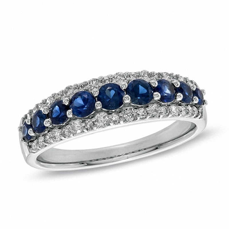 Main Image 1 of Previously Owned Blue Sapphire and 1/3 CT. T.W. Diamond Band in 14K White Gold