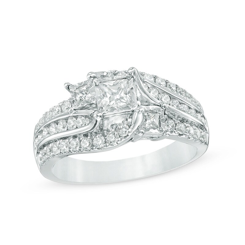 Main Image 1 of Previously Owned 1 CT. T.W. Princess-Cut Diamond Past Present Future® Slant Swirl Engagement Ring in 10K White Gold