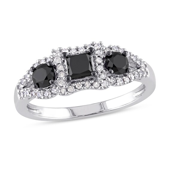 Previously Owned 1 CT. T.w. Princess-Cut Black and White Diamond Three Stone Frame Engagement Ring in 10K White Gold