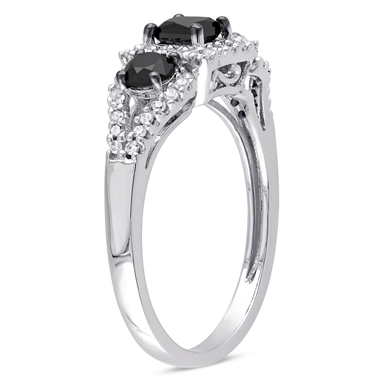 Main Image 2 of Previously Owned 1 CT. T.W. Princess-Cut Black and White Diamond Three Stone Frame Engagement Ring in 10K White Gold