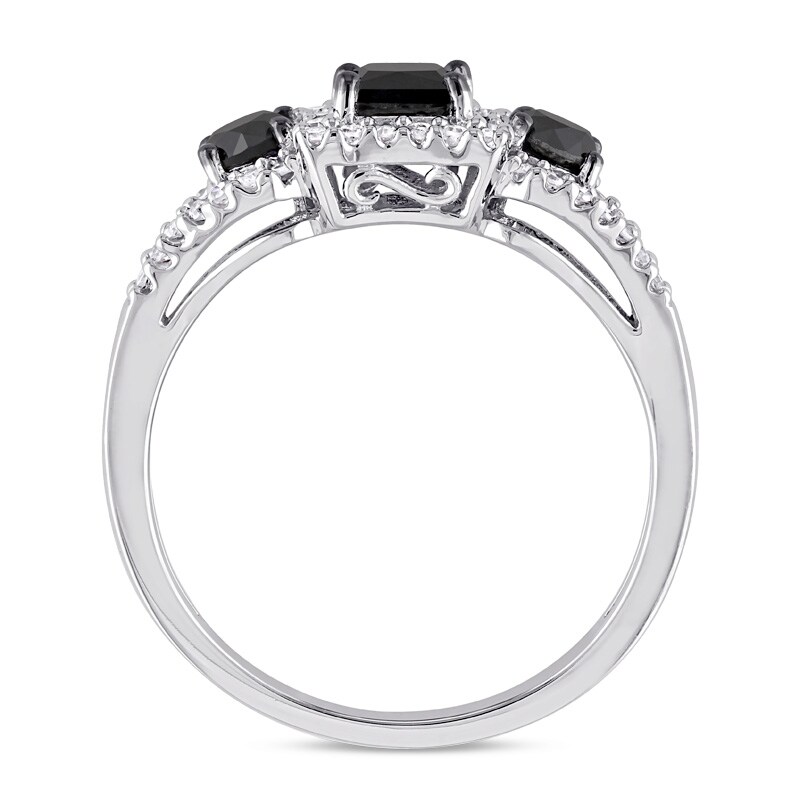 Main Image 3 of Previously Owned 1 CT. T.W. Princess-Cut Black and White Diamond Three Stone Frame Engagement Ring in 10K White Gold