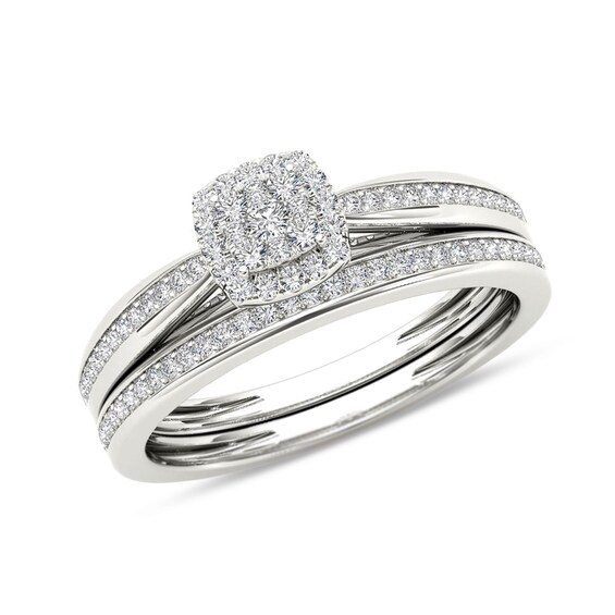 Previously Owned 1/4 CT. T.w. Composite Diamond Cushion Frame Bridal Set in 14K White Gold