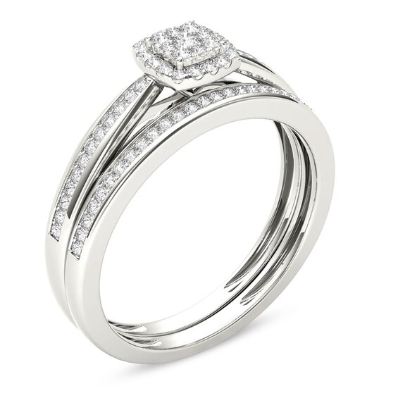 Previously Owned 1/4 CT. T.w. Composite Diamond Cushion Frame Bridal Set in 14K White Gold