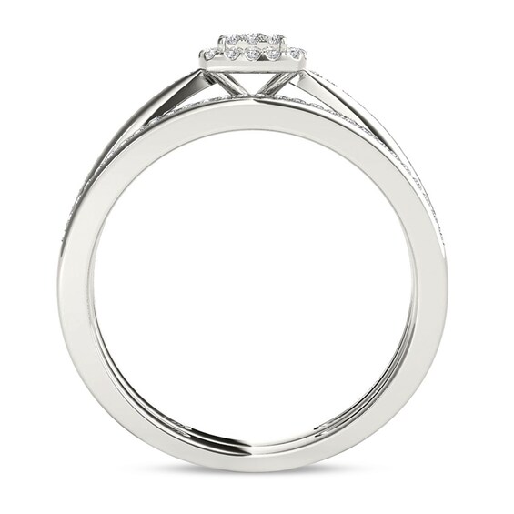Previously Owned 1/4 CT. T.w. Composite Diamond Cushion Frame Bridal Set in 14K White Gold