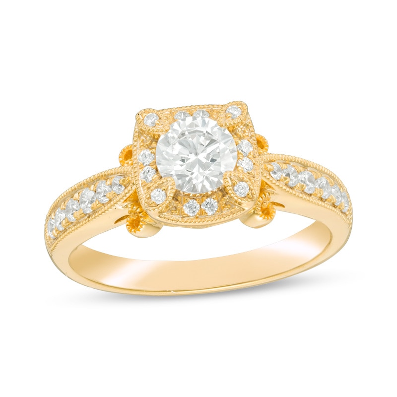 Main Image 1 of Previously Owned 3/4 CT. T.W. Diamond Cushion Frame Vintage-Style Engagement Ring in 14K Gold