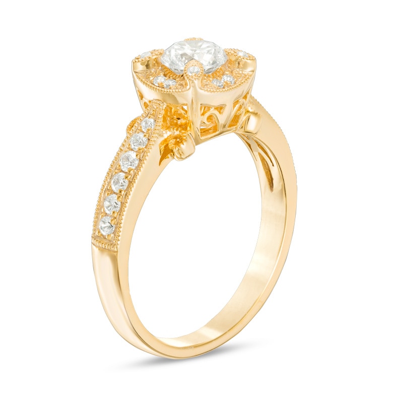 Main Image 2 of Previously Owned 3/4 CT. T.W. Diamond Cushion Frame Vintage-Style Engagement Ring in 14K Gold