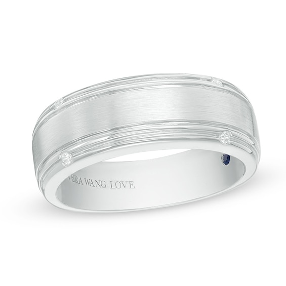 Previously Owned Vera Wang Men's 1/20 CT. T.w. Diamond Four Stone Wedding Band in 14K White Gold
