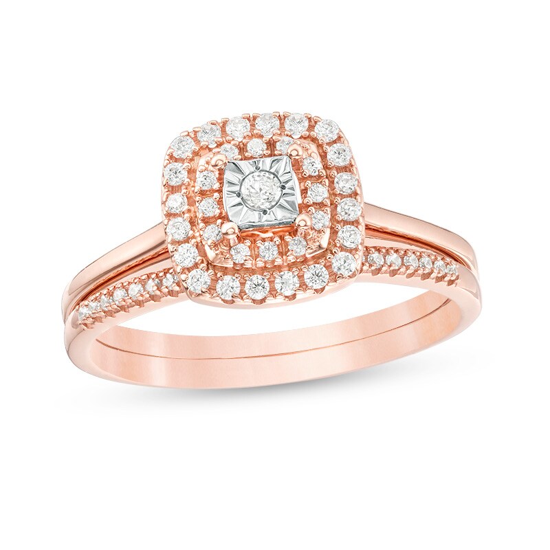Main Image 1 of Previously Owned 1/4 CT. T.W. Diamond Double Cushion Frame Soldered Bridal Set in 10K Rose Gold