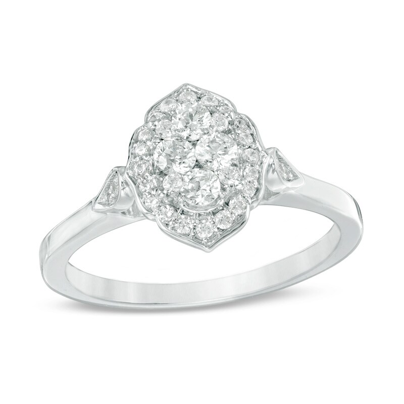 Main Image 1 of Previously Owned 3/8 CT. T.W. Composite Diamond Scallop Marquise Frame Engagement Ring in 14K White Gold