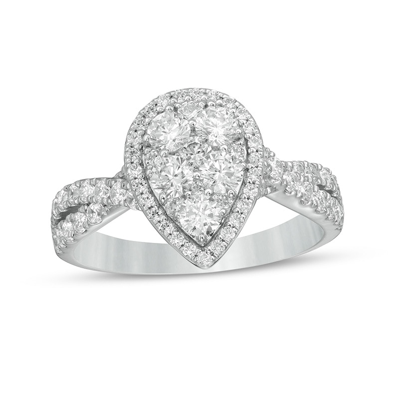 Main Image 1 of Previously Owned 1-1/4 CT. T.W. Composite Pear-Shaped Diamond Frame Twist Shank Engagement Ring in 14K White Gold