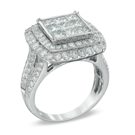 Previously Owned 3-1/2 CT. T.w. Princess-Shaped Multi-Diamond Double Frame Engagement Ring in 10K White Gold