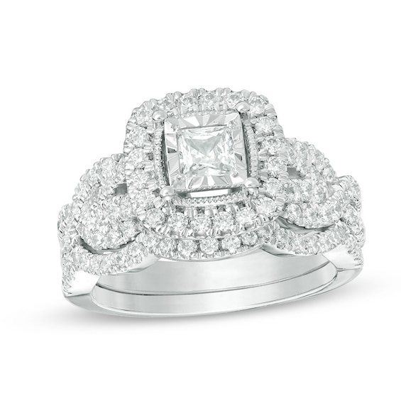 Previously Owned - 1-1/2 CT. T.w. Princess-Cut Diamond Frame Vintage-Style Bridal Set in 14K White Gold