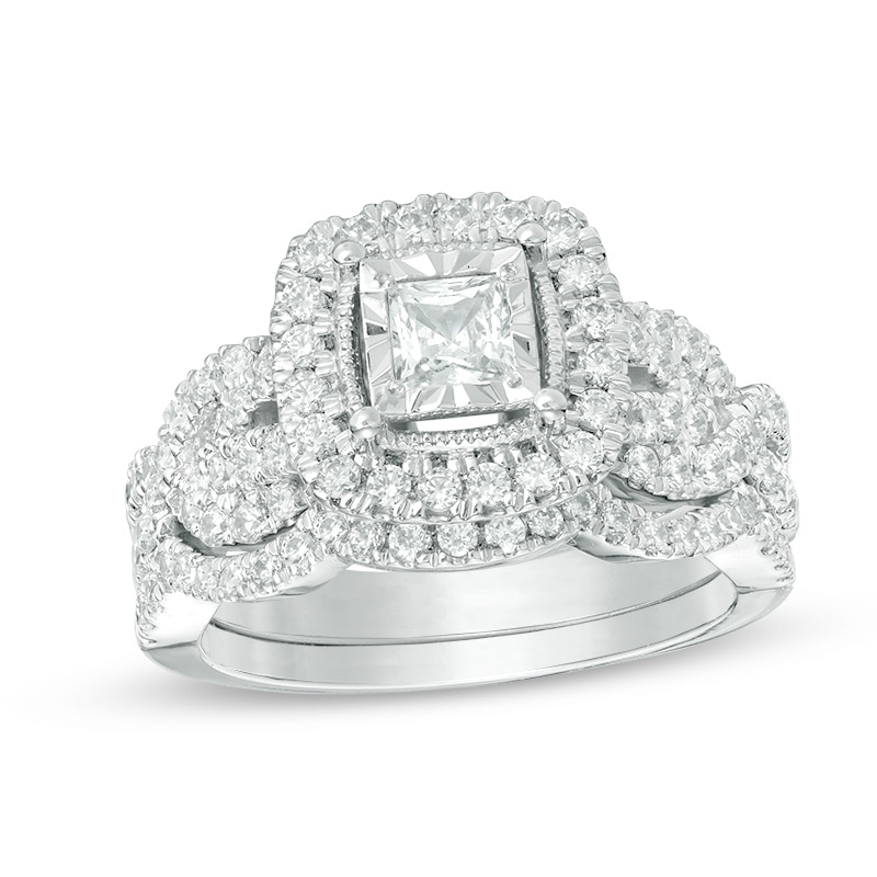 Main Image 1 of Previously Owned - 1-1/2 CT. T.W. Princess-Cut Diamond Frame Vintage-Style Bridal Set in 14K White Gold