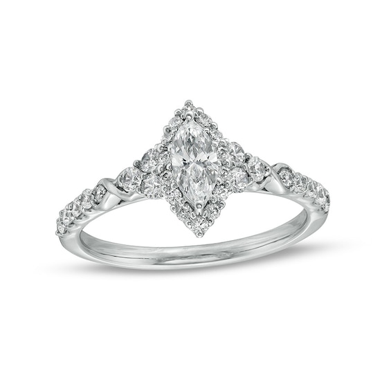 Previously Owned - 3/4 CT. T.w. Marquise Diamond Frame Tri-Sides Engagement Ring in 14K White Gold (I/I2)