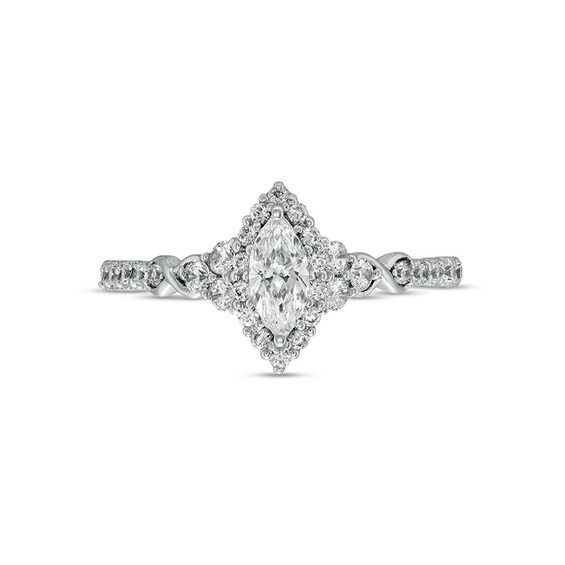 Previously Owned - 3/4 CT. T.w. Marquise Diamond Frame Tri-Sides Engagement Ring in 14K White Gold (I/I2)