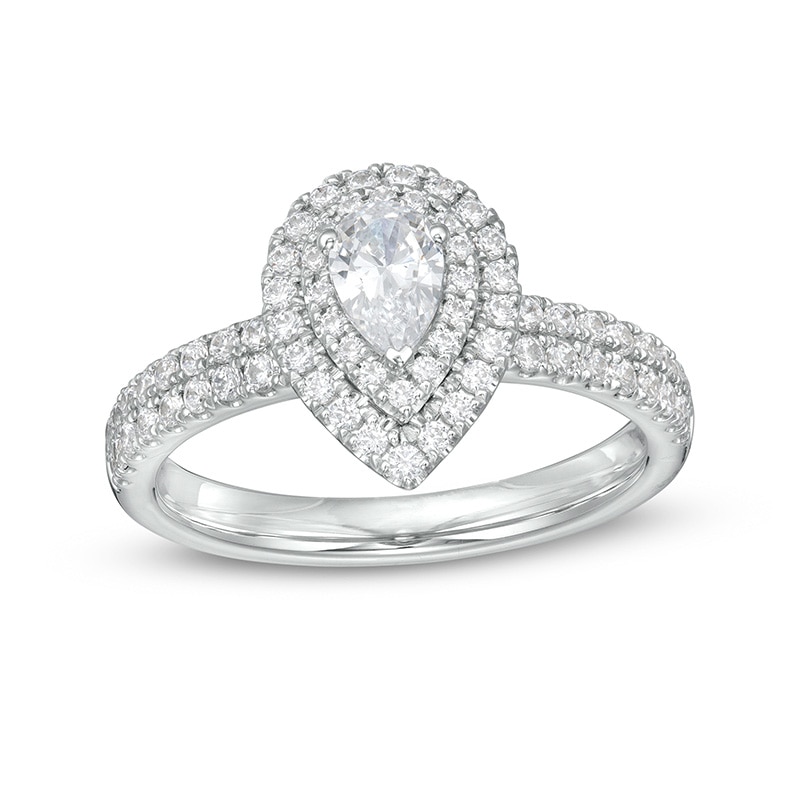 Main Image 1 of Previously Owned - 1 CT. T.W. Pear-Shaped Diamond Double Frame Engagement Ring in Platinum (I/SI2)