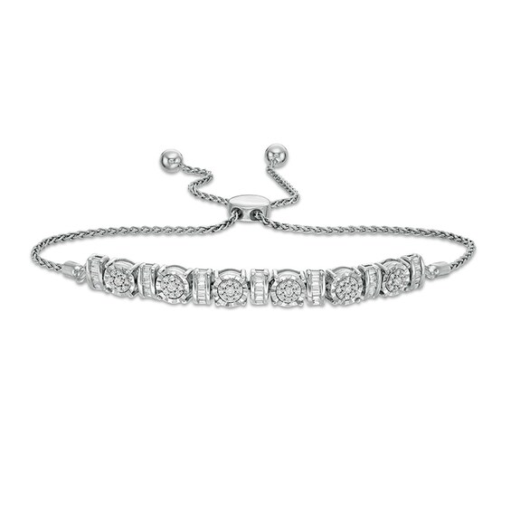 Previously Owned - 1/2 CT. T.w. Baguette and Round Diamond Alternating Curved Bar Bolo Bracelet in Sterling Silver