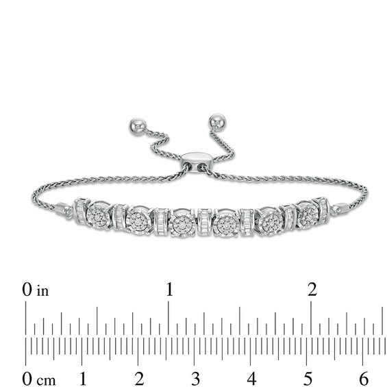 Previously Owned - 1/2 CT. T.w. Baguette and Round Diamond Alternating Curved Bar Bolo Bracelet in Sterling Silver