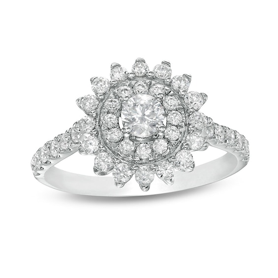 Previously Owned - Zales Private Collection 1 CT. T.w. Diamond Double Frame Sunburst Ring in 14K White Gold (F/I2)