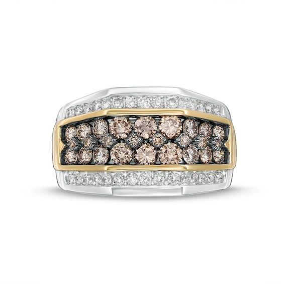 Previously Owned - Men's 2 CT. T.w. Champagne and White Diamond Multi-Row Ring in 10K Two-Tone Gold
