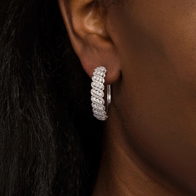 Main Image 2 of Previously Owned - 2 CT. T.W. Diamond Slanted Hoop Earrings in 10K White Gold