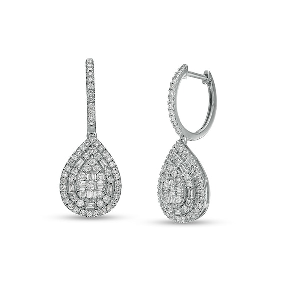 Previously Owned - 1 CT. T.w. Pear-Shaped Multi-Diamond Double Frame Drop Earrings in 10K White Gold