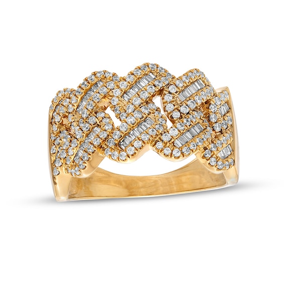 Previously Owned - 1 CT. T.w. Baguette and Round Diamond Curb Chain Link Ring in 10K Gold