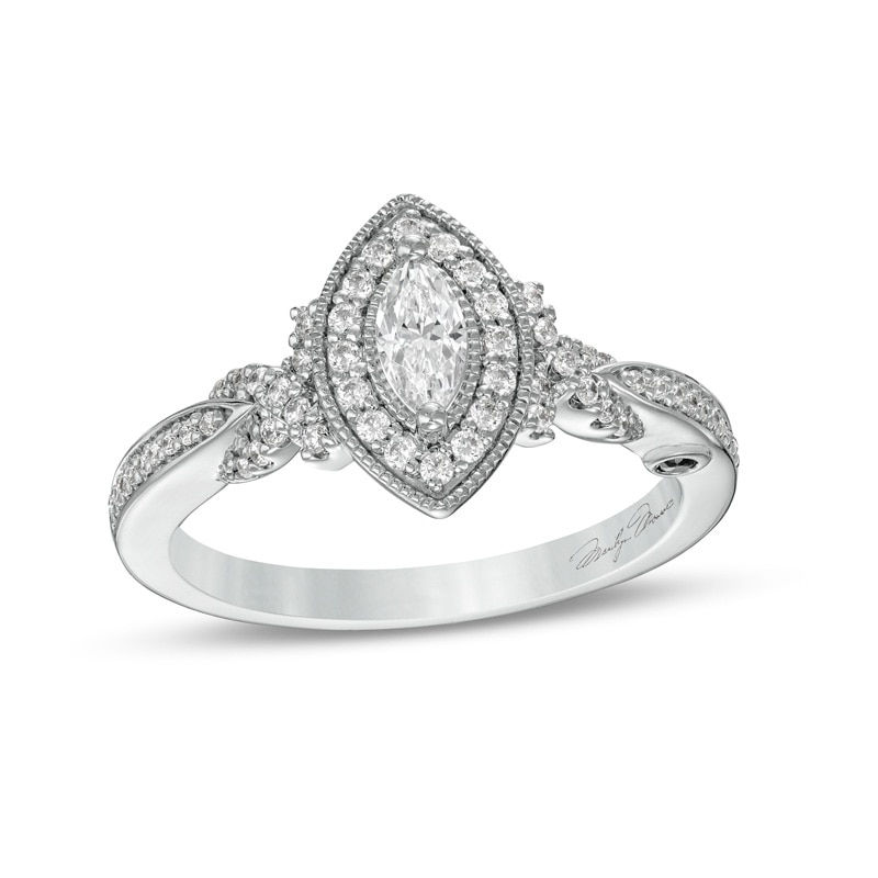 Main Image 1 of Previously Owned - Marilyn Monroe™ Collection 1/2 CT. T.W. Marquise Diamond Frame Twist Shank Ring in 14K White Gold