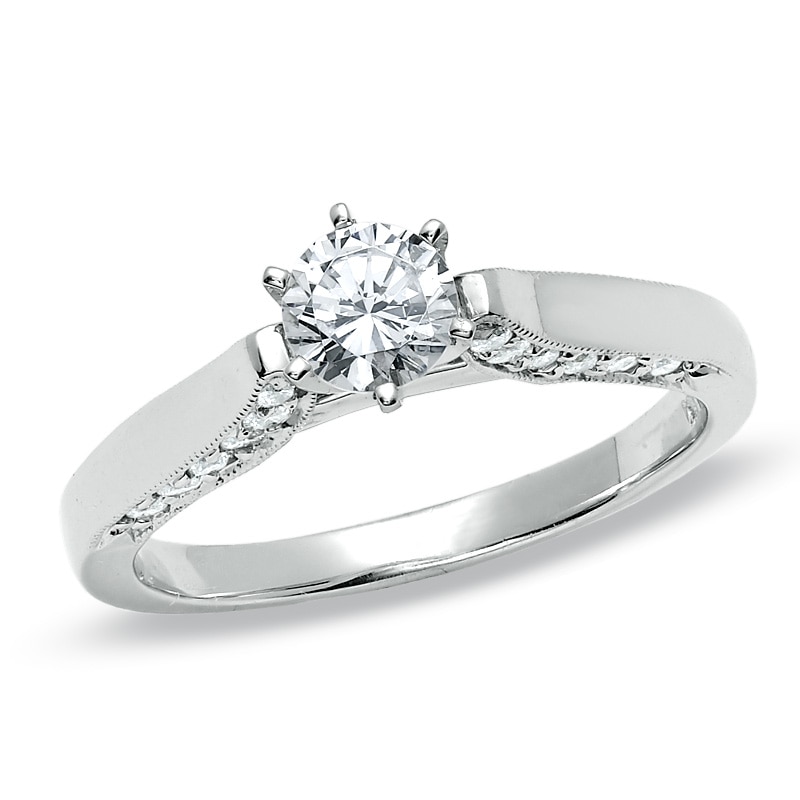 Main Image 1 of Previously Owned 3/4 CT. T.W. Diamond Milgrain Engagement Ring in 14K White Gold