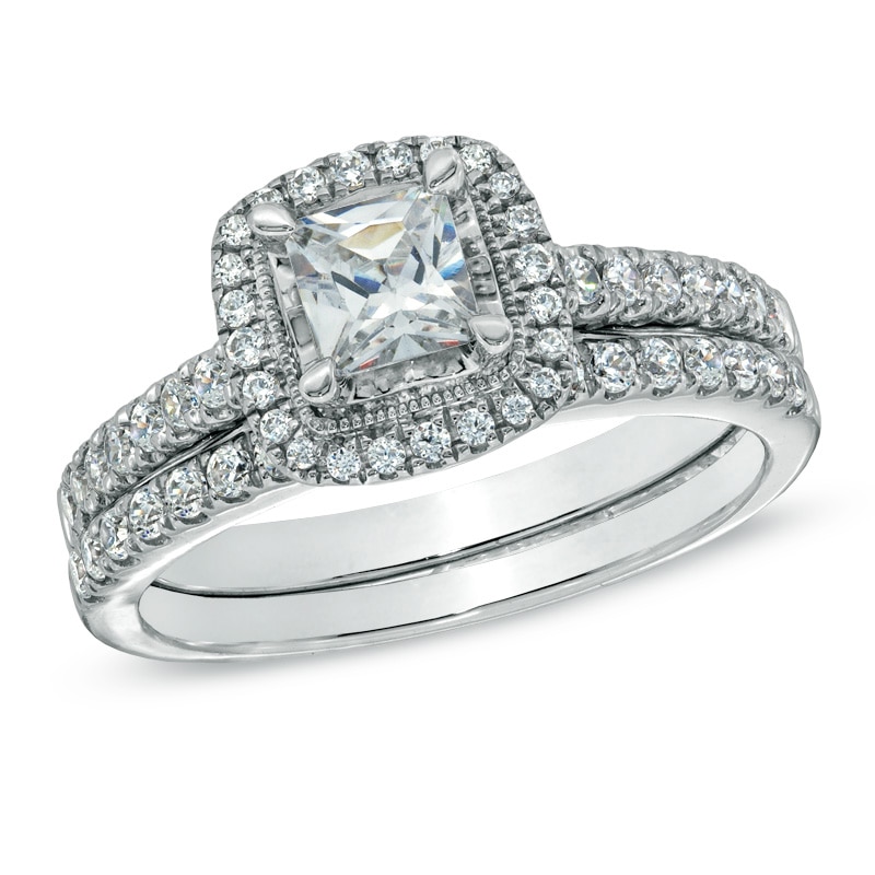 Main Image 1 of Previously Owned Celebration Ideal 1 CT. T.W. Princess-Cut Diamond Vintage-Style Bridal Set in 14K White Gold (J/I1)