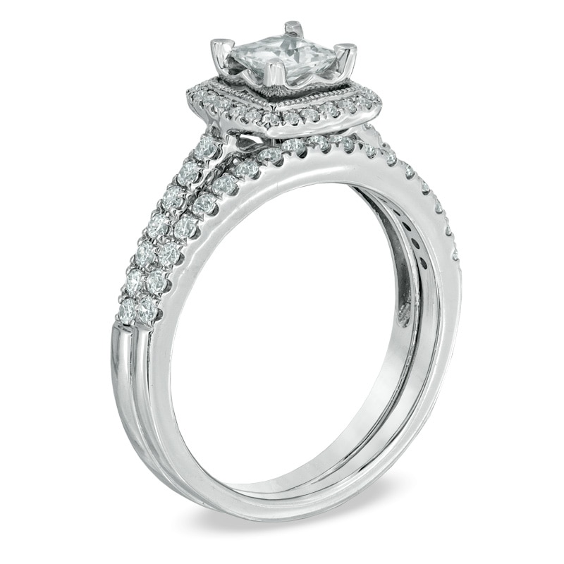 Main Image 2 of Previously Owned Celebration Ideal 1 CT. T.W. Princess-Cut Diamond Vintage-Style Bridal Set in 14K White Gold (J/I1)
