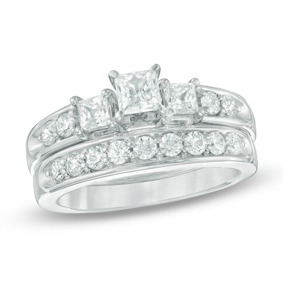 Previously Owned 1-1/3 CT. T.w. Princess-Cut Diamond Past Present Future® Soldered Bridal Set in 14K White Gold