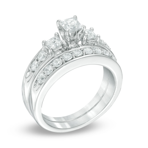 Previously Owned 1-1/3 CT. T.w. Princess-Cut Diamond Past Present FutureÂ® Soldered Bridal Set in 14K White Gold