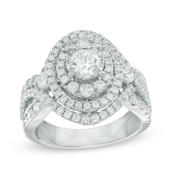 Previously Owned 2 CT. T.w. Diamond Oval Frame Split Shank Engagement Ring in 14K White Gold