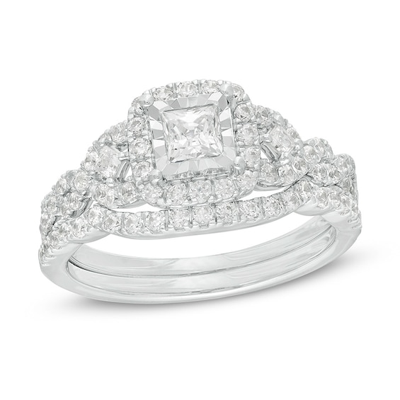 Previously Owned 1 CT. T.w. Princess-Cut Diamond Frame Twist Shank Bridal Set in 10K Two-Tone Gold