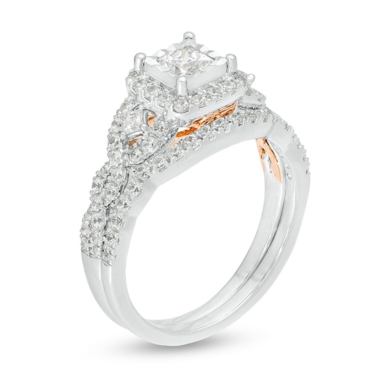 Previously Owned 1 CT. T.w. Princess-Cut Diamond Frame Twist Shank Bridal Set in 10K Two-Tone Gold