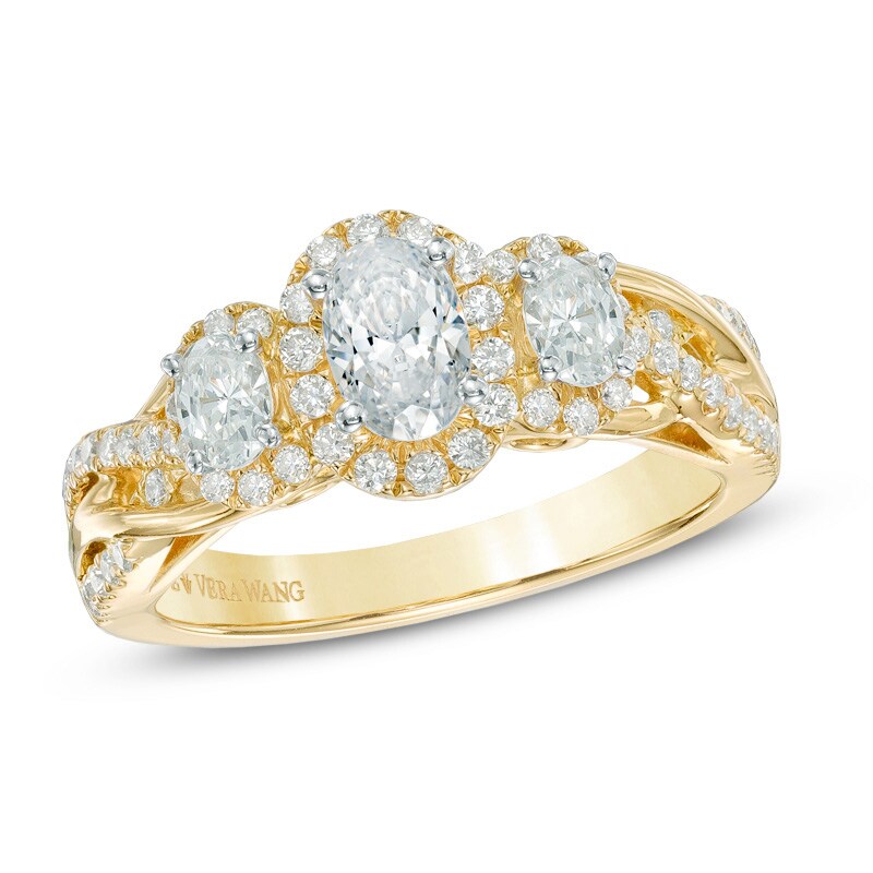 Main Image 1 of Previously Owned Vera Wang Love Collection 1 CT. T.W. Oval Diamond Three Stone Engagement Ring in 14K Gold